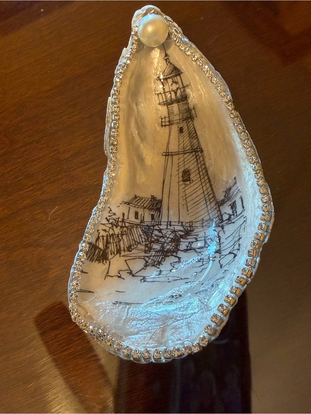 Hand made Decorative  lighthouse decoupage oyster shell trinket dish